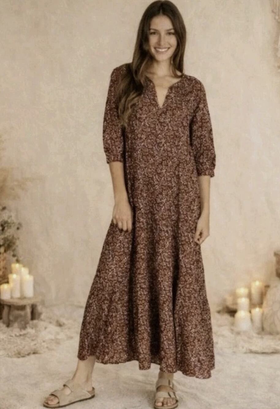 Natural Life Floral Maxi Dress Brown Purple Boho Peasant Cottagecore